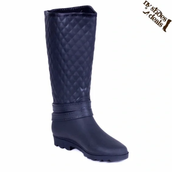 Women Rainboots, Black Quilted Rider Rubber Rain Boots, NEW - Picture 1 of 4